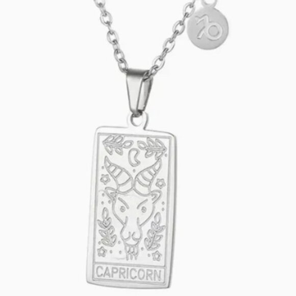 Capricorn Zodiac Pendant Necklace 18K Gold Electro-Plated Stainless Steel Silver - Picture 2 of 4
